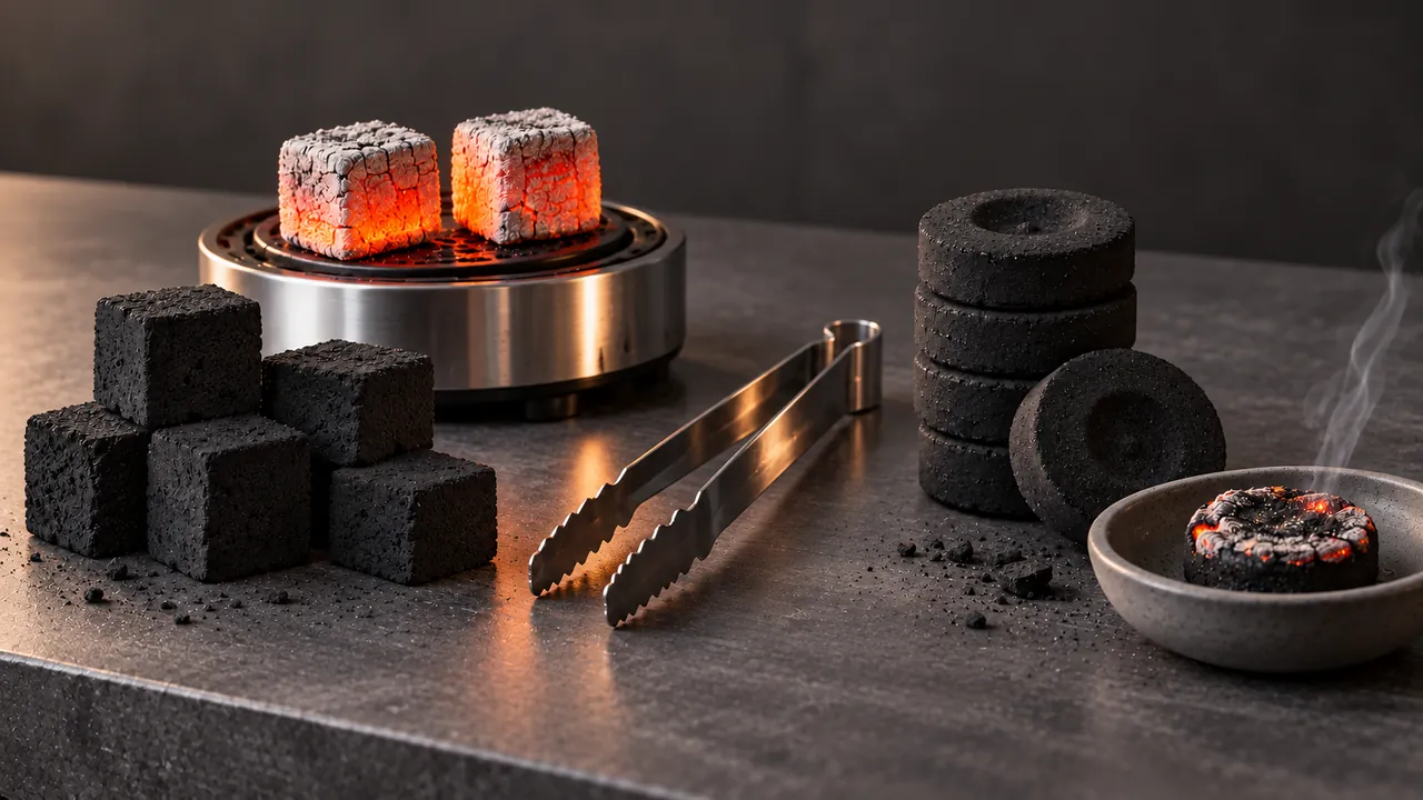 Coconut hookah charcoal cubes next to round quick-light charcoal tablets, two cubes glowing on an electric heater