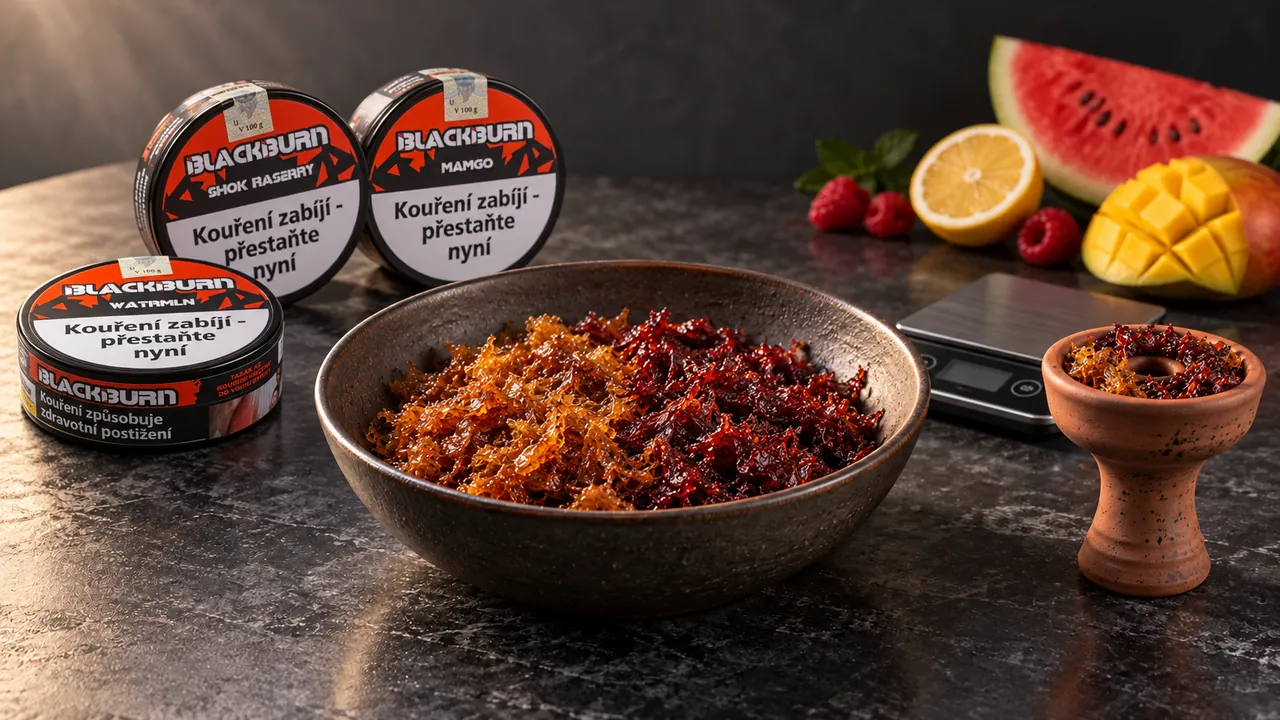 BlackBurn shisha tobacco tins next to a bowl of two tobaccos being mixed, a clay hookah bowl, a scale and fruit