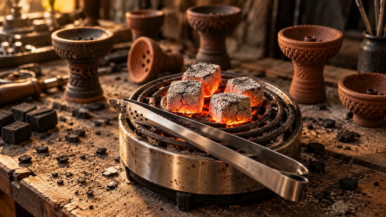 Coconut hookah charcoal cubes covered in grey ash, glowing on an electric heater, with tongs and clay bowls